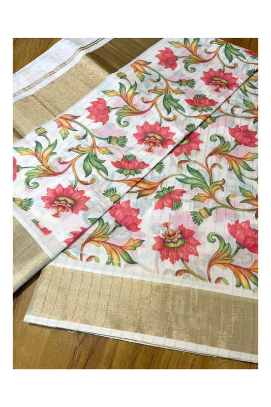 Kerala Cotton Kasavu Lines Saree with Pink Floral Kalamkari Design