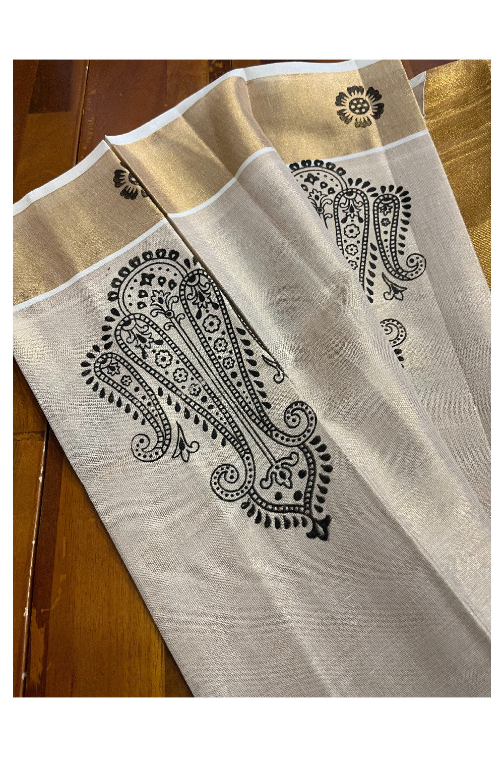 Kerala Tissue Kasavu Saree With Mural Printed Design (Vishu 2024 Collection)