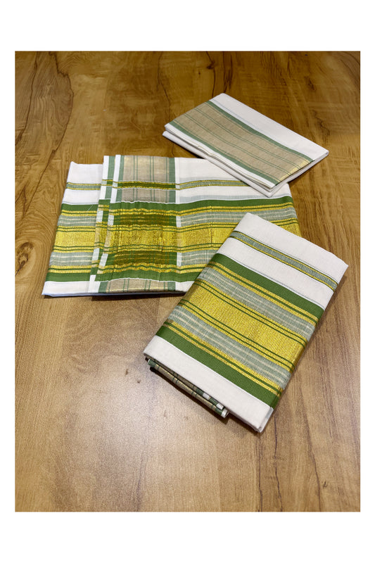 Kerala Cotton Mundum Neriyathum Single (Set Mundu) with Green and Kasavu Border (2.80 M Neriyathu) And Matching Blouse Piece