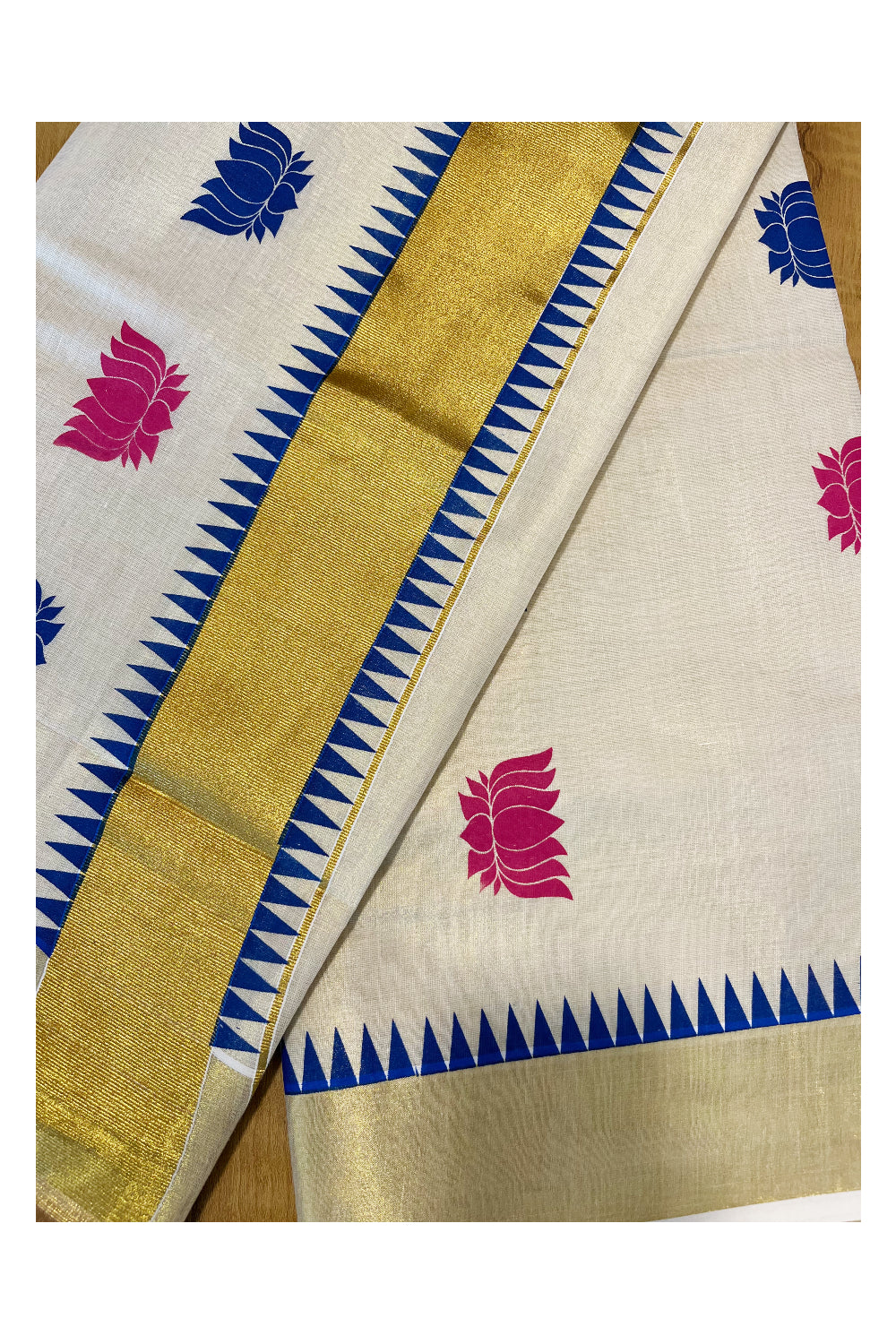 Kerala Tissue Kasavu Saree with Blue and Pink Lotus Block Prints