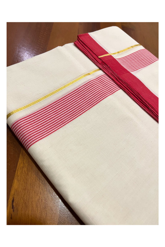 Premium Balaramapuram Unakkupaavu Handloom 10 Muzham Mundu with Kasavu and Red Lines Border (South Indian Kerala Dhoti)