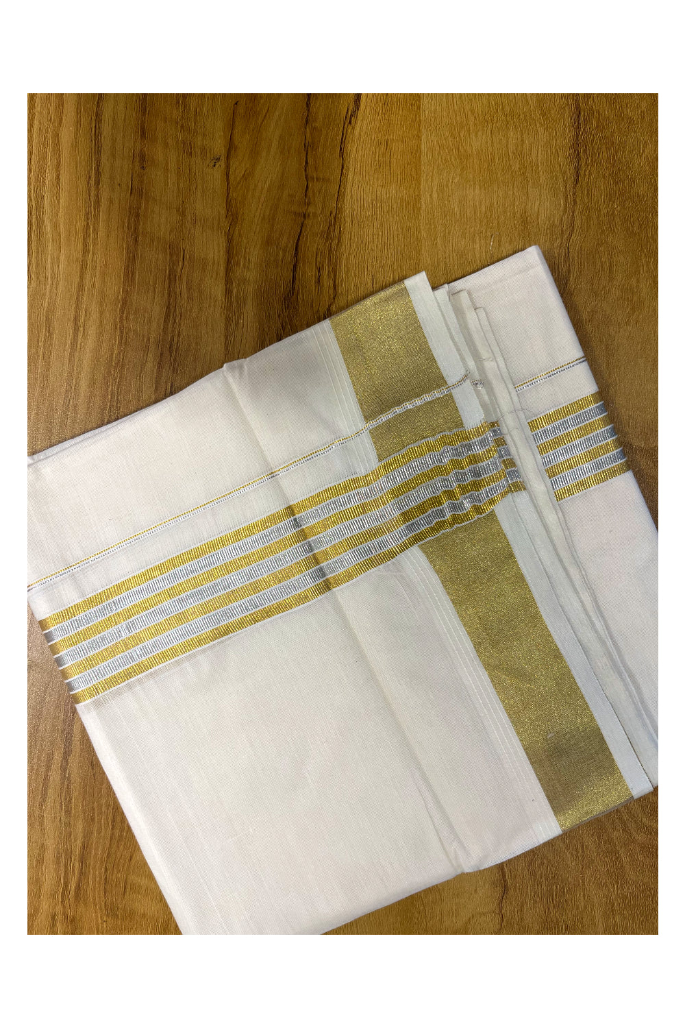 Pure Cotton Off White Double Mundu with Silver and Gold Kasavu Lines Kara (South Indian Kerala Dhoti)