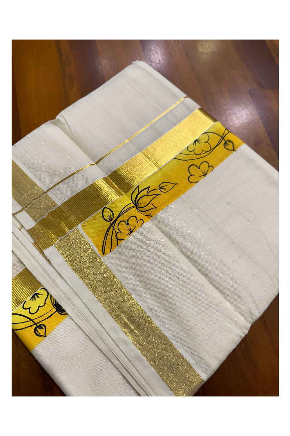 Kerala Pure Cotton Double Mundu with Hand Painted Designs on Kasavu Border(South Indian Kerala Dhoti)