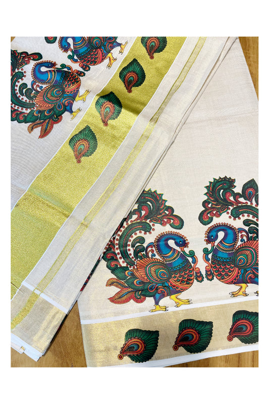 Southloom Kerala Tissue Kasavu Saree With Peacock Mural Printed