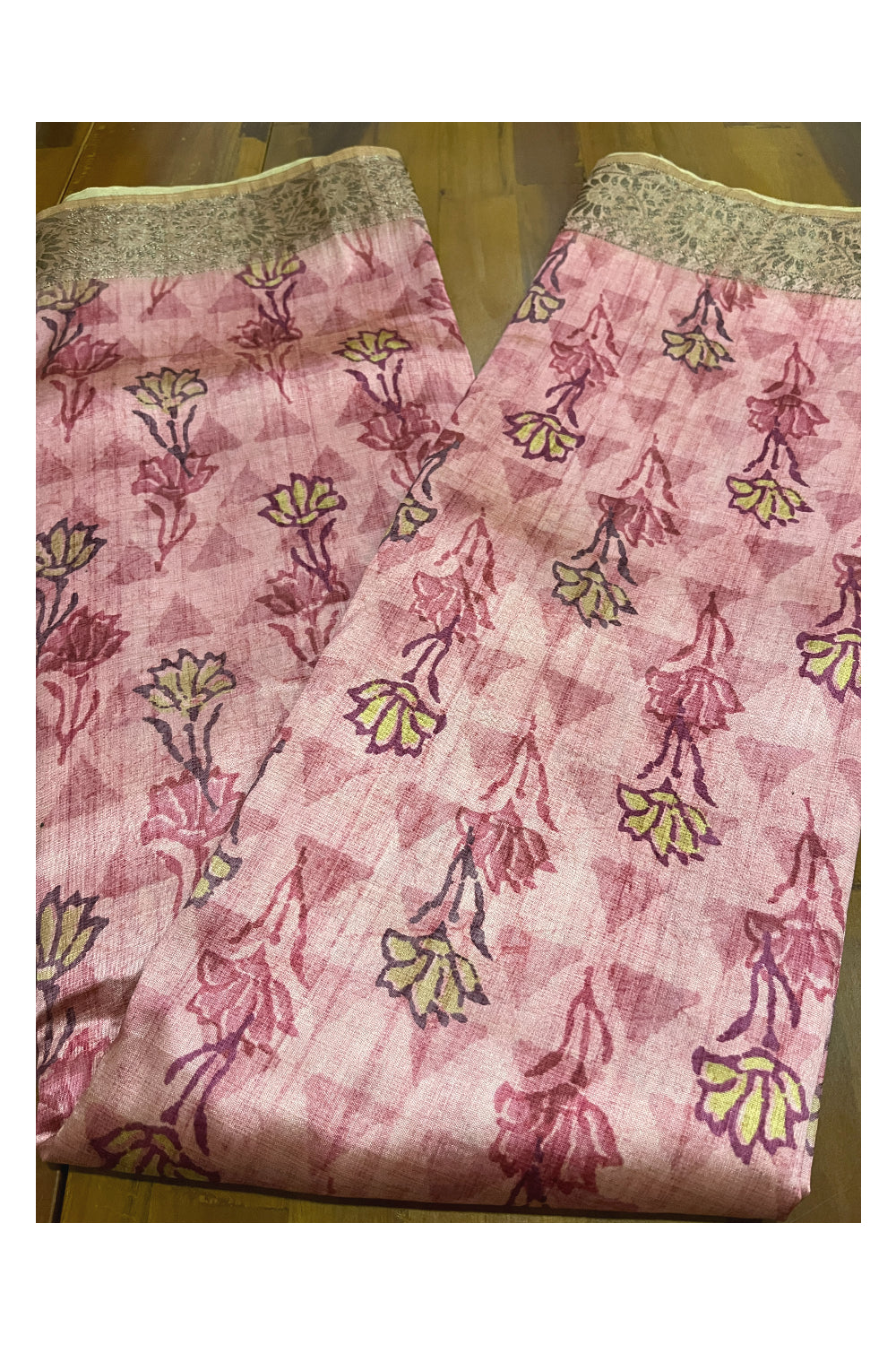 Southloom Semi Silk Pink Designer Printed Saree with Zari Woven Border