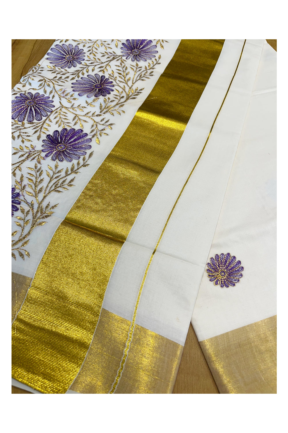 Kerala Cotton Kasavu Saree with Golden and Violet Floral Embroidery Work