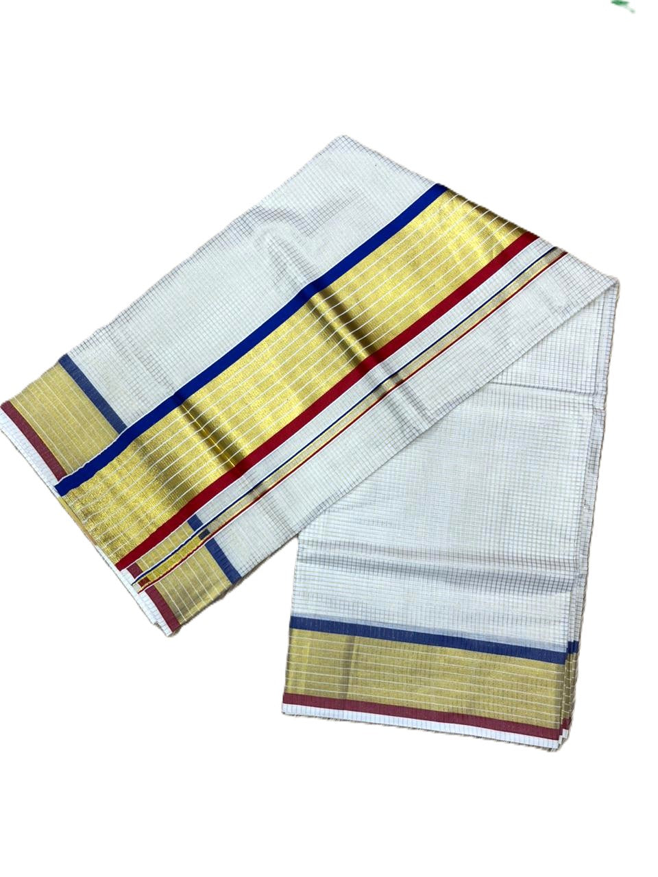 Southloom Kerala Cotton Kasavu Saree with Micro Check Design on Body in Blue & Red  Border SL451