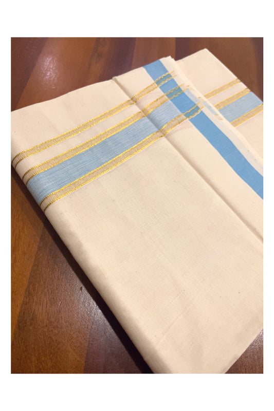 Kerala Cotton Double Mundu with Blue and Kasavu Border (Onam Mundu 2023)