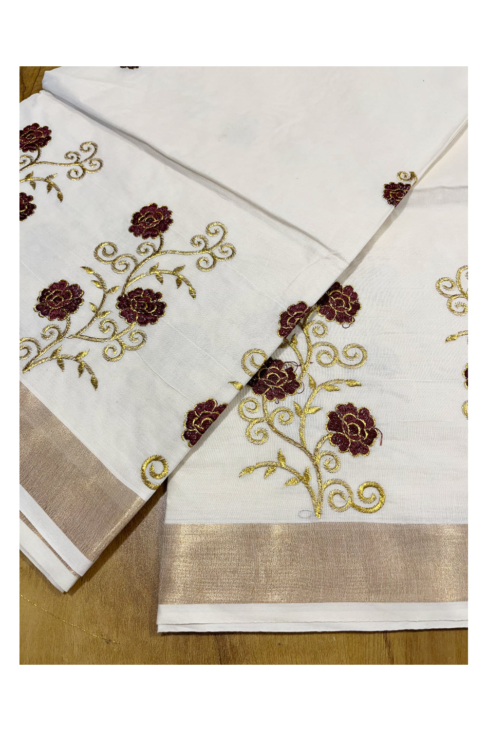 Southloom Kerala Kasavu Saree with Dark Brown and Gold Floral Embroidery