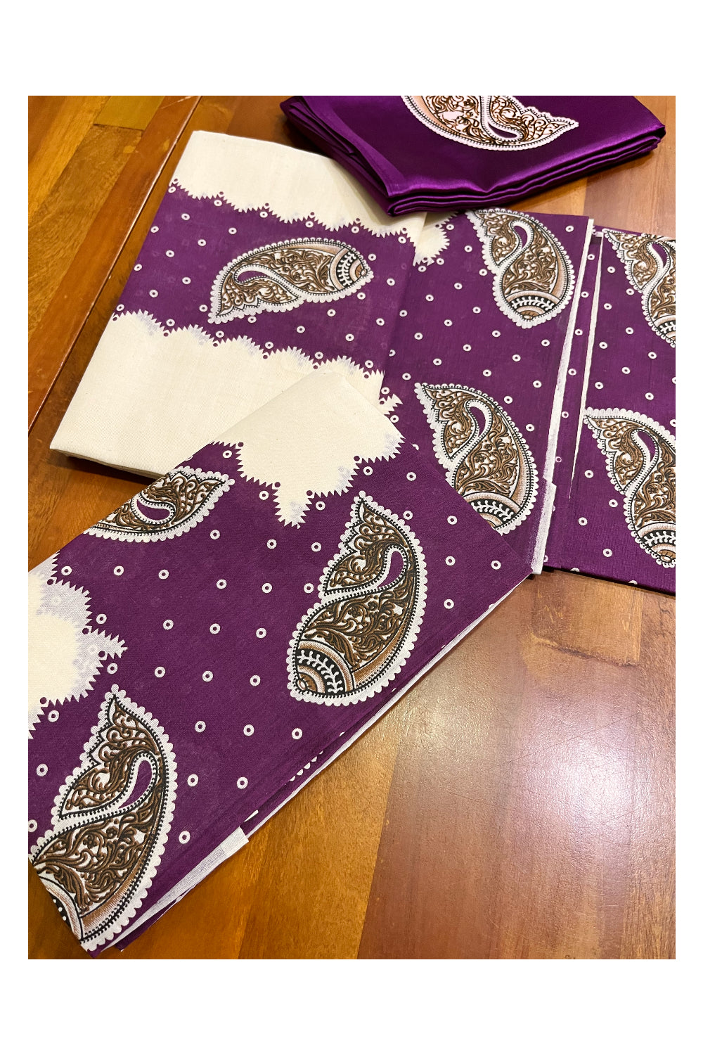 Kerala Cotton Set Mundu (Mundum Neriyathum) with Violet Block Prints and Seperate Blouse Piece