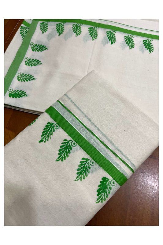 Kerala Pure Cotton Set Mundu Single (Mundum Neriyathum) with Light Green Block Prints