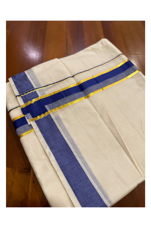 Kerala Cotton Double Mundu with Blue and Kasavu Border (Onam Mundu 2023)