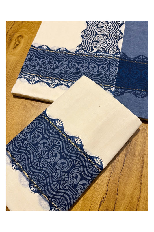 Kerala Cotton Single Set Mundu (Mundum Neriyathum) with Blue Block print Border 2.80Mtrs