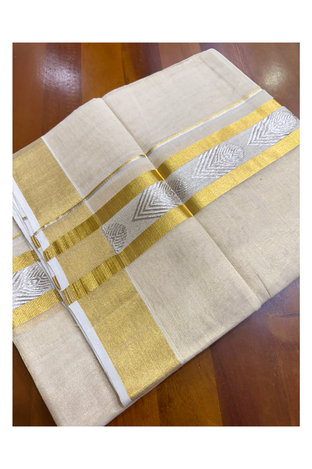 Southloom Premium Handloom Tissue Mundu with 2 inch Kasavu Border with Silver Woven Work