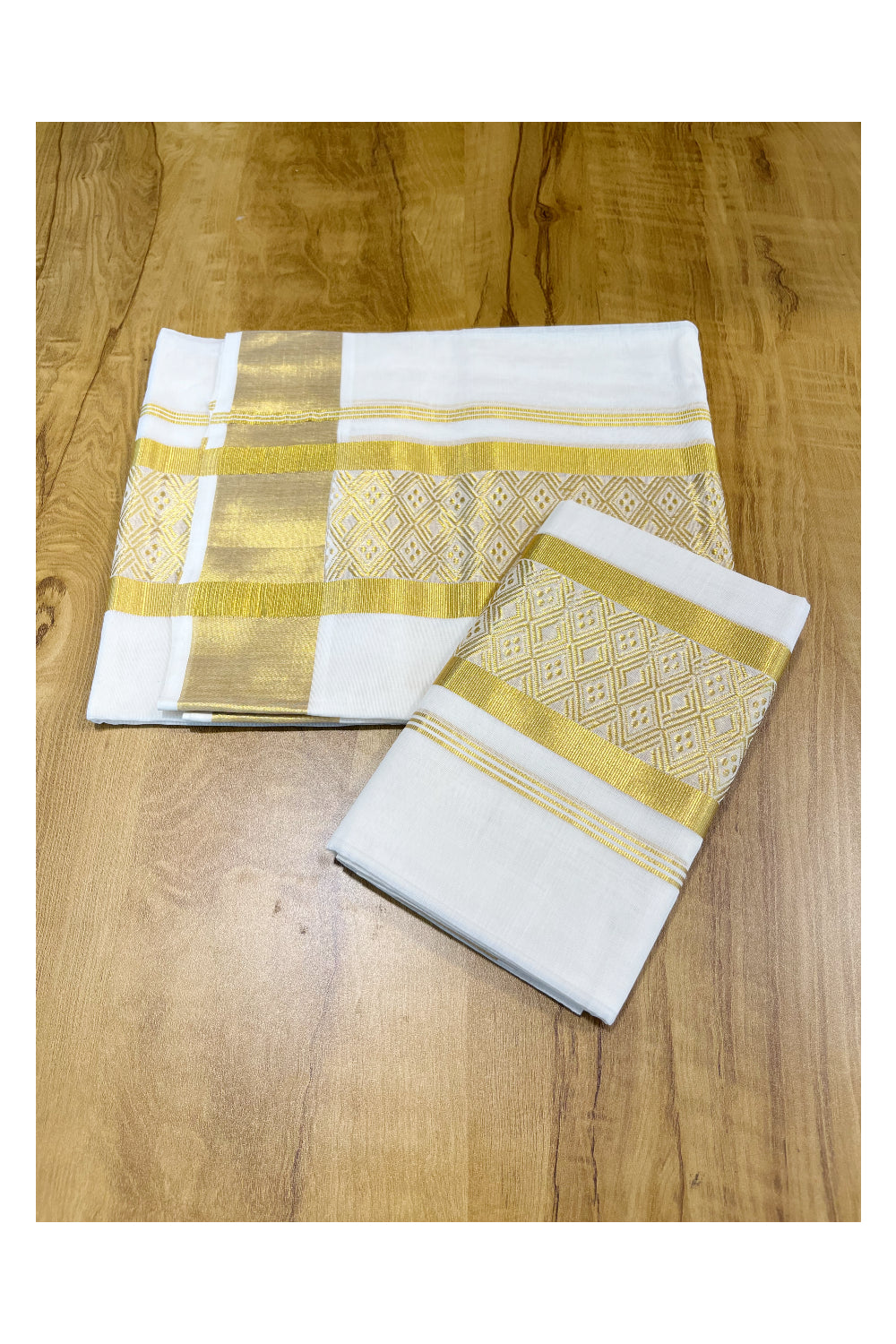 Southloom Handloom Premium Cotton Kasavu Set Mundu With Woven Patterns On Border (Mundum Neriyathum) 2.80 Mtrs