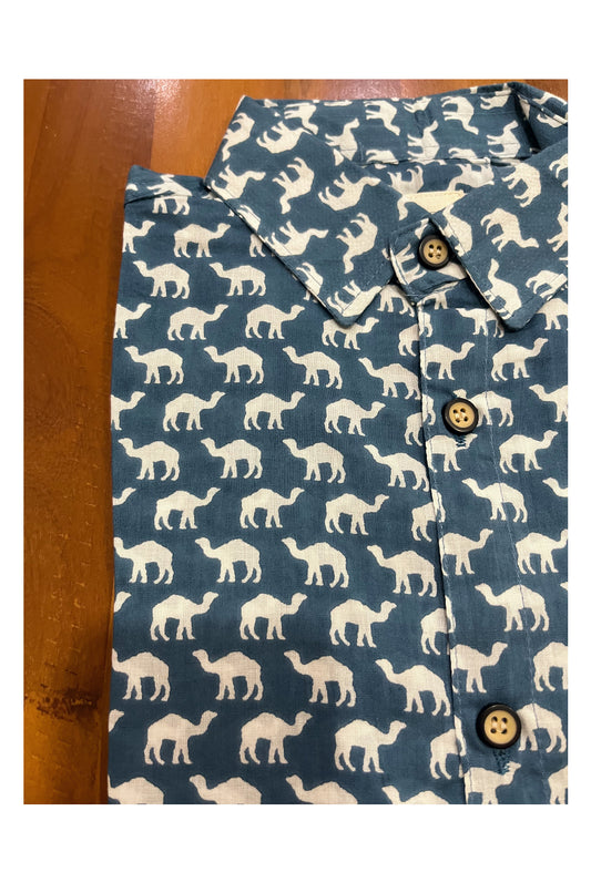 Southloom Jaipur Cotton Camel Hand Block Printed Blue Shirt For Kids (Half Sleeves)
