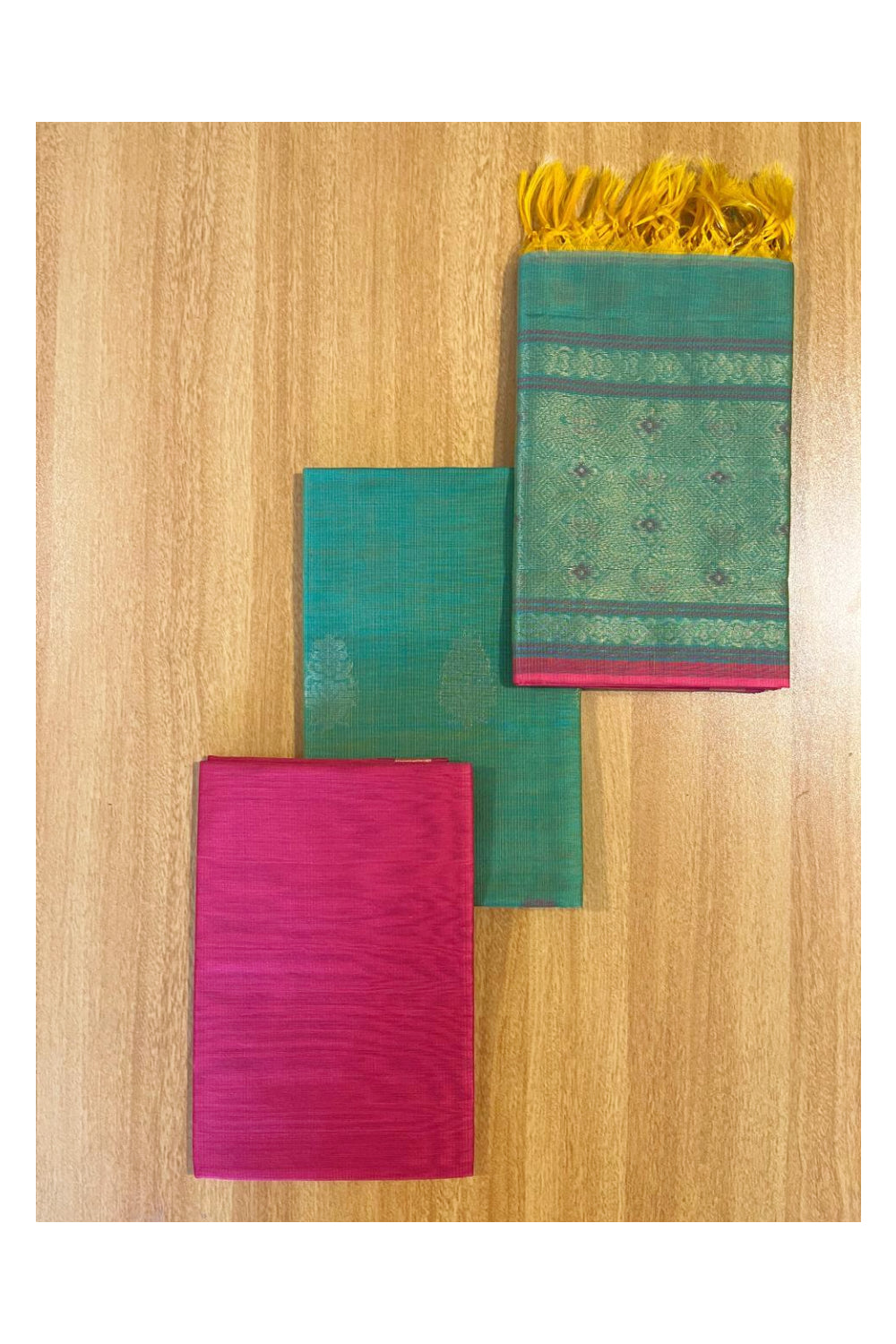 Southloom™ Original Handloom Cotton Pure Silk 3 Piece Green and Pink Salwar Material with Woven Zari Butta Work