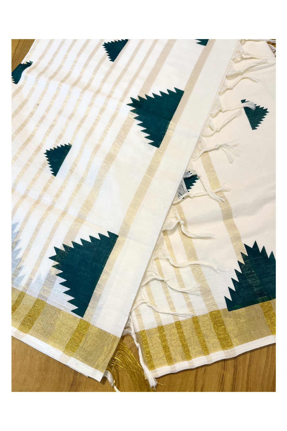 Kerala Cotton Kasavu Saree With Green Temple Prints on Border