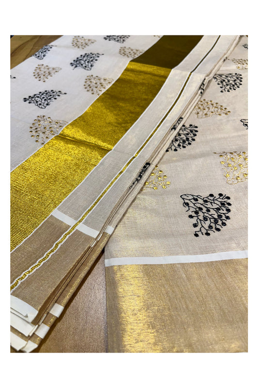 Southloom Kerala Tissue Kasavu Saree with Black and Gold Floral Embroidery Design on Body