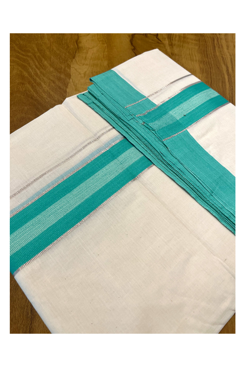 Pure Cotton Off White Kerala Double Mundu with Turquoise and Silver Kasavu Border (South Indian Dhoti)