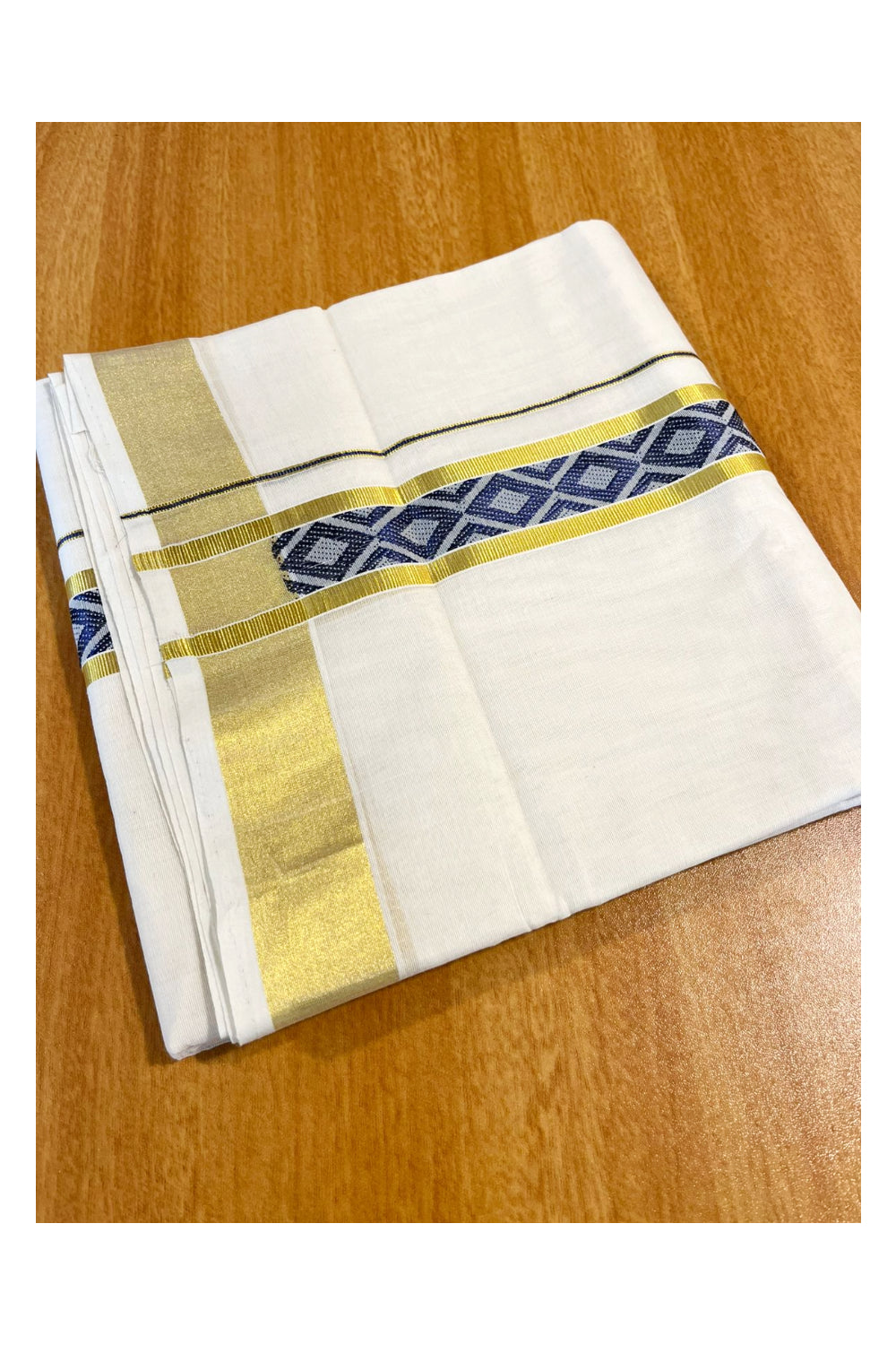 Southloom Premium Handloom Pure Cotton Mundu with Blue and Kasavu Woven Border