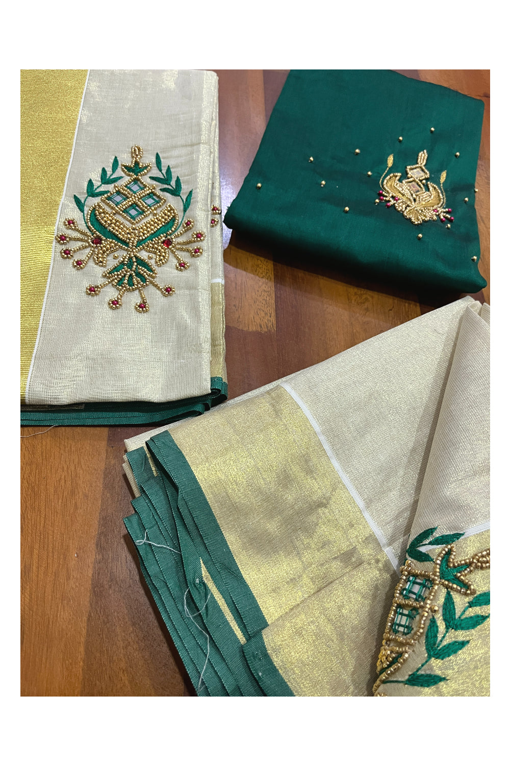 Kerala Tissue Kasavu Set Mundu (Mundum Neriyathum) with Bead Handwork Design and Green Blouse Piece