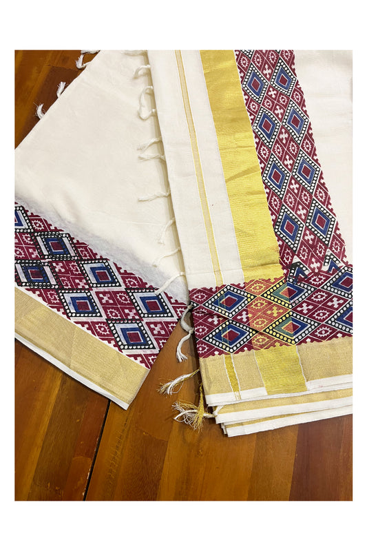 Kerala Pure Cotton Kasavu Saree with Ajrakh Stitched Borders and Matching Blouse Piece