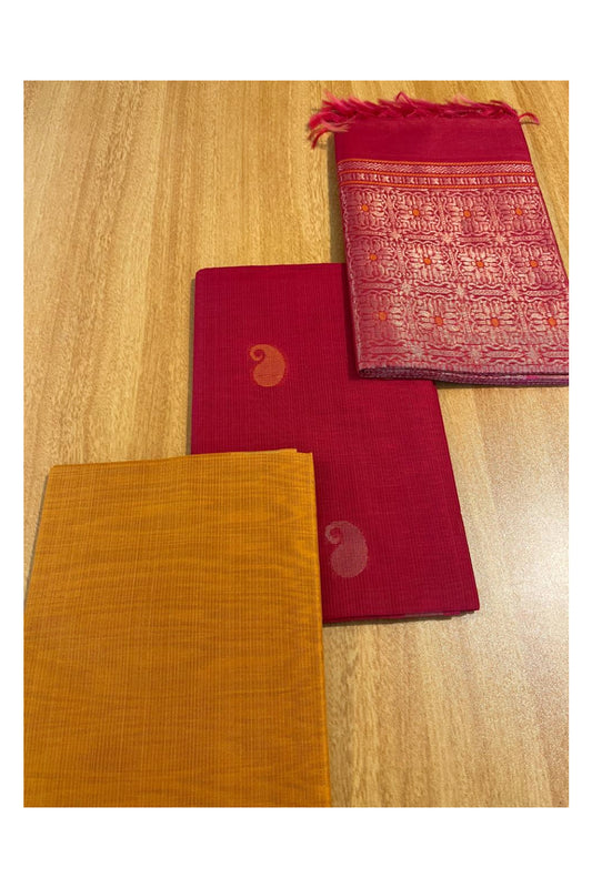 Southloom™ Original Handloom Cotton Pure Silk 3 Piece Red and Yellow Salwar Material with Woven Zari Butta Work