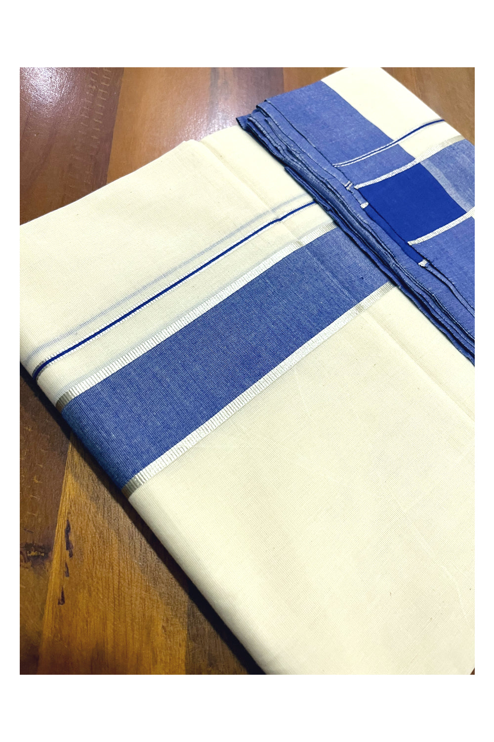 Pure Cotton Off White 100x100 Double Mundu with Silver Kasavu and Blue Border (South Indian Kerala Dhoti)