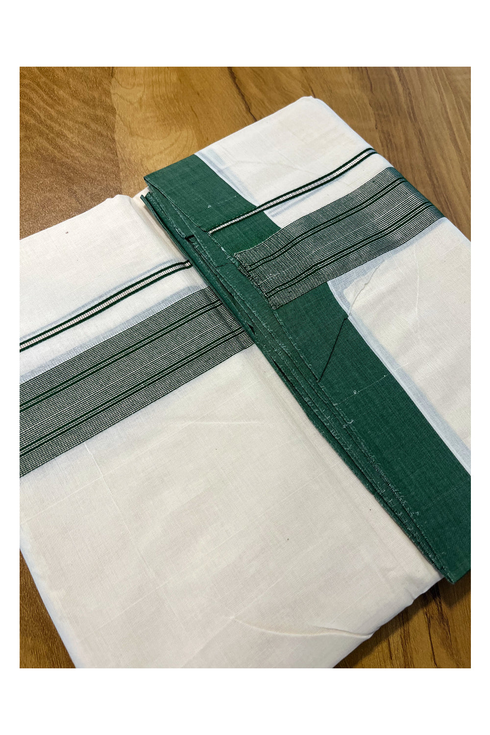 Pure Cotton Off White Double Mundu with Silver Kasavu and Green Kara (South Indian Kerala Dhoti)