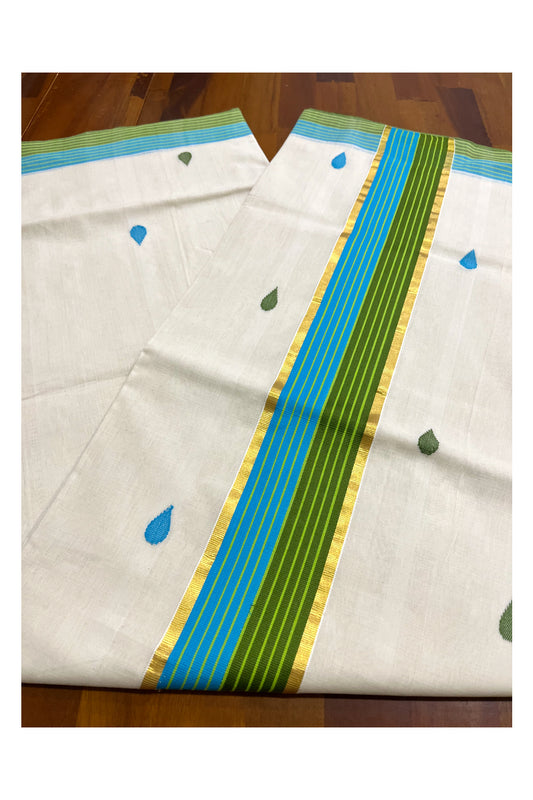 Southloom Premium Balaramapuram Unakkupaavu Handloom Cotton Butta Saree with Blue Green and Kasavu Border