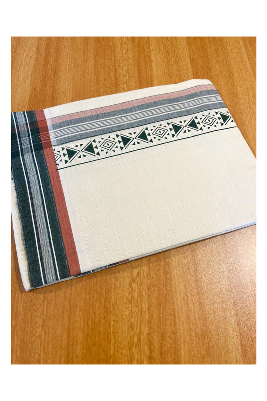 Southloom Off White And Green Brown Printed Single Mundu / Otta Mundu / Lungi (South Indian Kerala Dhoti)