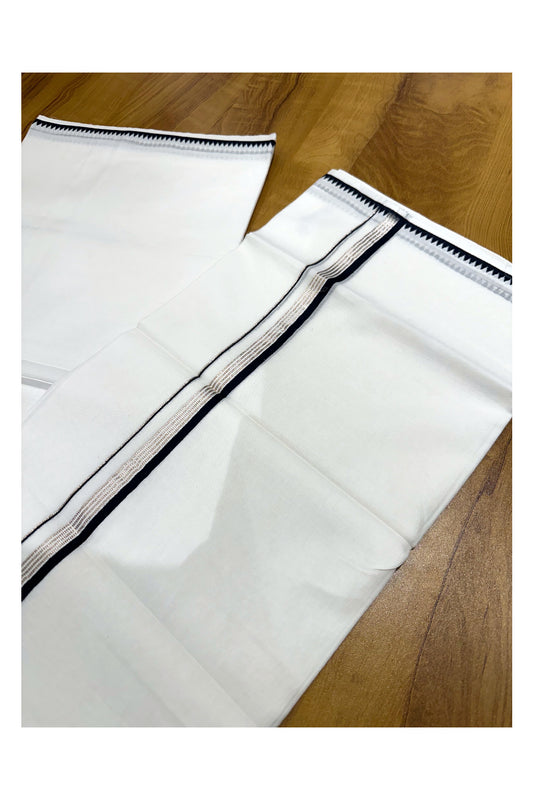 Pure White Cotton Double Mundu with Silver Kasavu and Black Border (South Indian Kerala Dhoti)