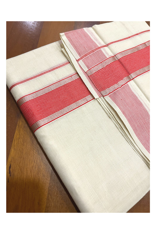 Pure Cotton Kerala Double Mundu with Silver Kasavu and Red Kara (South Indian Kerala Dhoti)