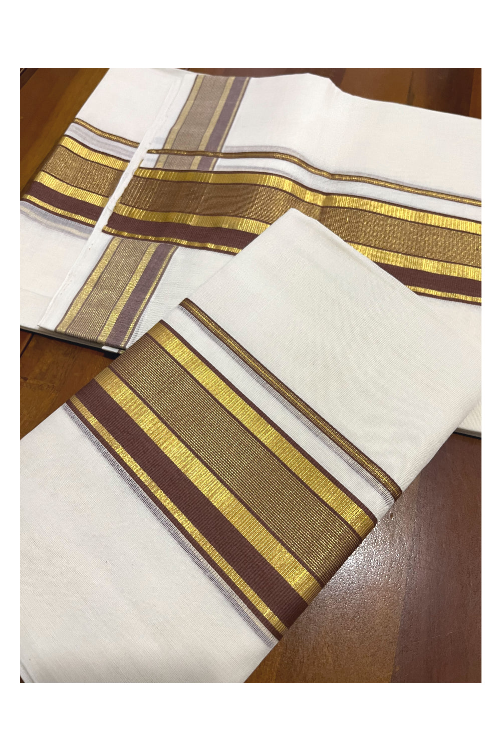 Pure Cotton Handloom Premium Kasavu Set Mundu (Mundum Neriyathum) with Brown and Kasavu Border 2.80 Mtrs (Onam Set Mundu 2023)