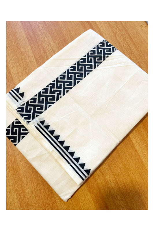 Pure Cotton Off White Double Mundu with Black Block Prints On Border (South Indian Kerala Dhoti)