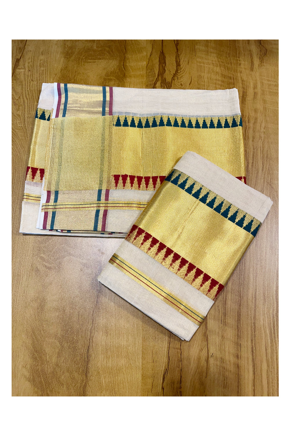 Southloom Handloom Premium Tissue Kasavu Set Mundu Green And Maroon Temple Woven Patterns With Kasavu Lines Across Body (Mundum Neriyathum) 2.70 Mtrs