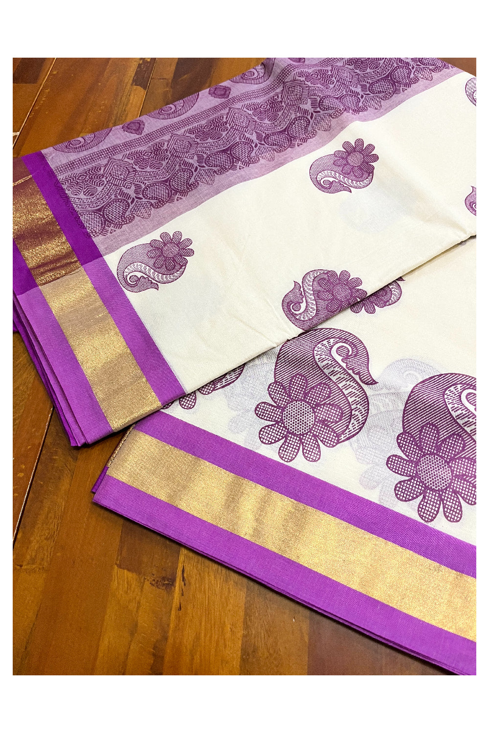 Pure Cotton Kerala Saree with Magenta Block Prints and Kasavu Border (Vishu 2024 Collection)