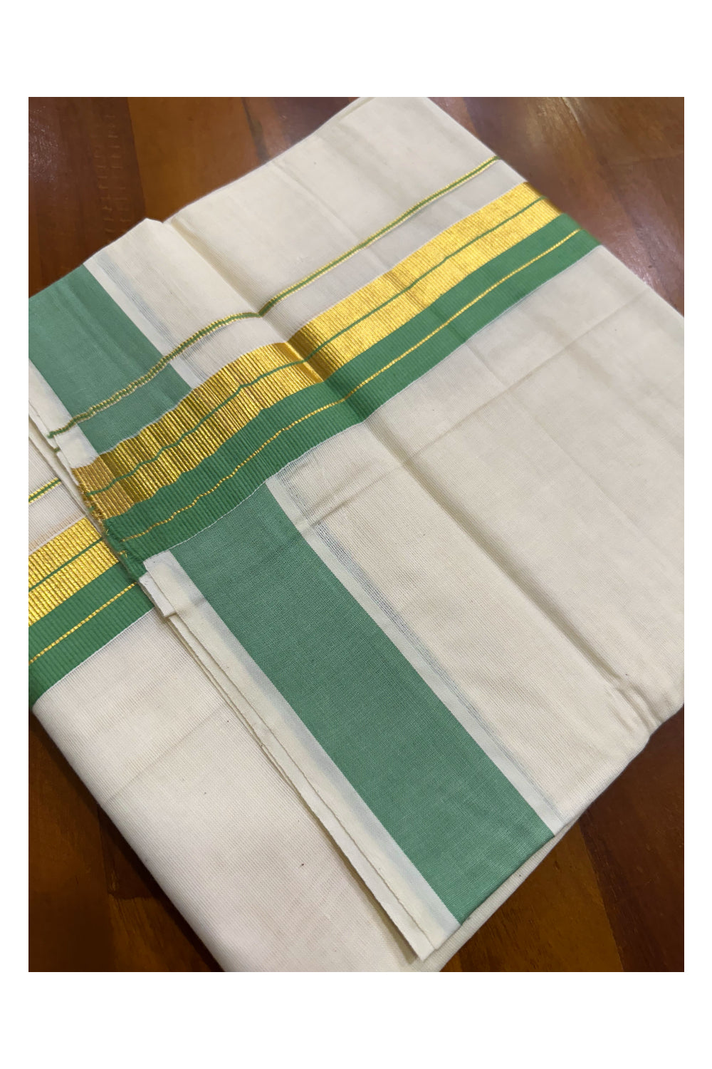 Kerala Pure Cotton Double Mundu with Green And Kasavu Border (South Indian Dhoti)