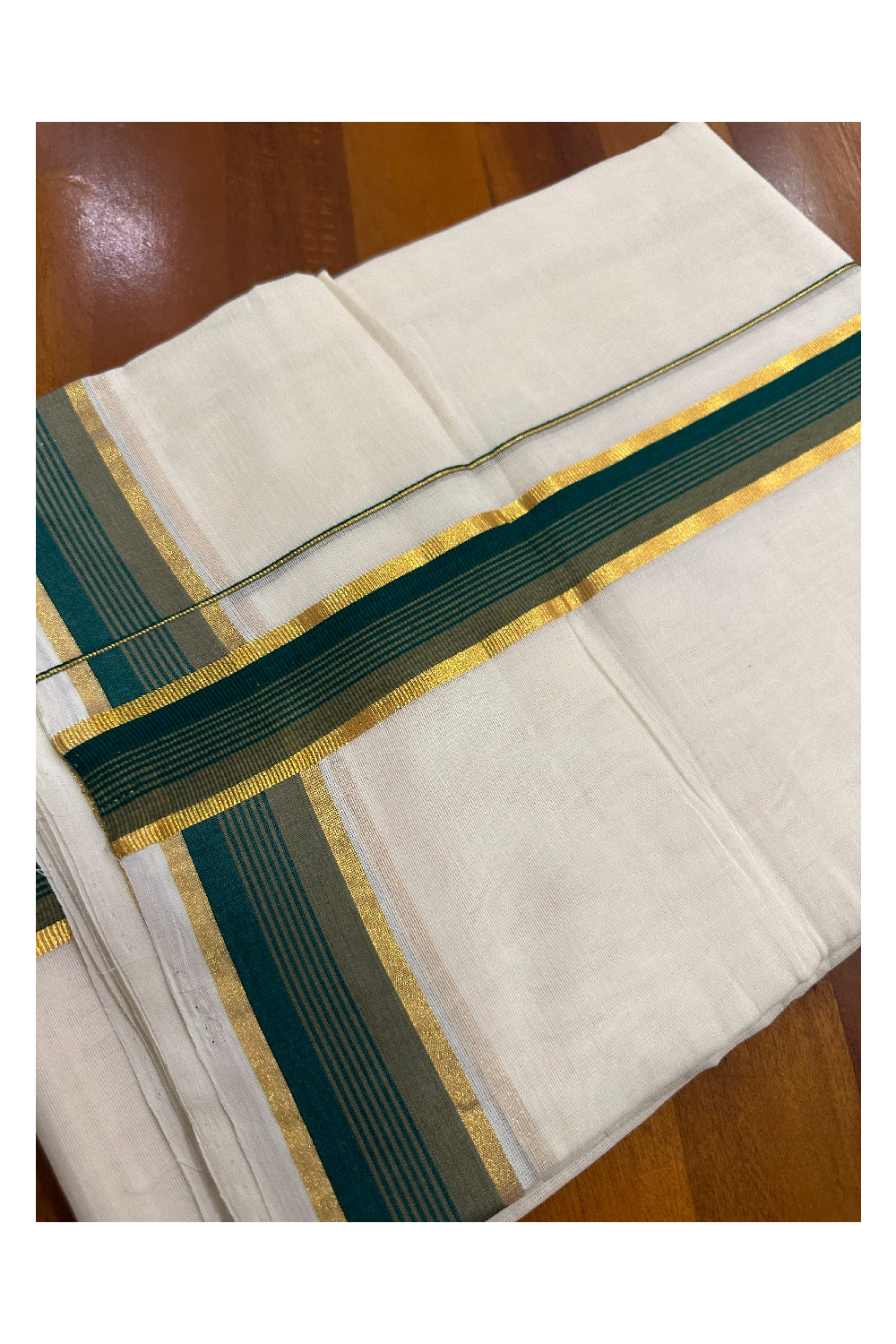 Southloom Premium Handloom Mundu with Green and Kasavu Kara (Onam Mundu 2023)