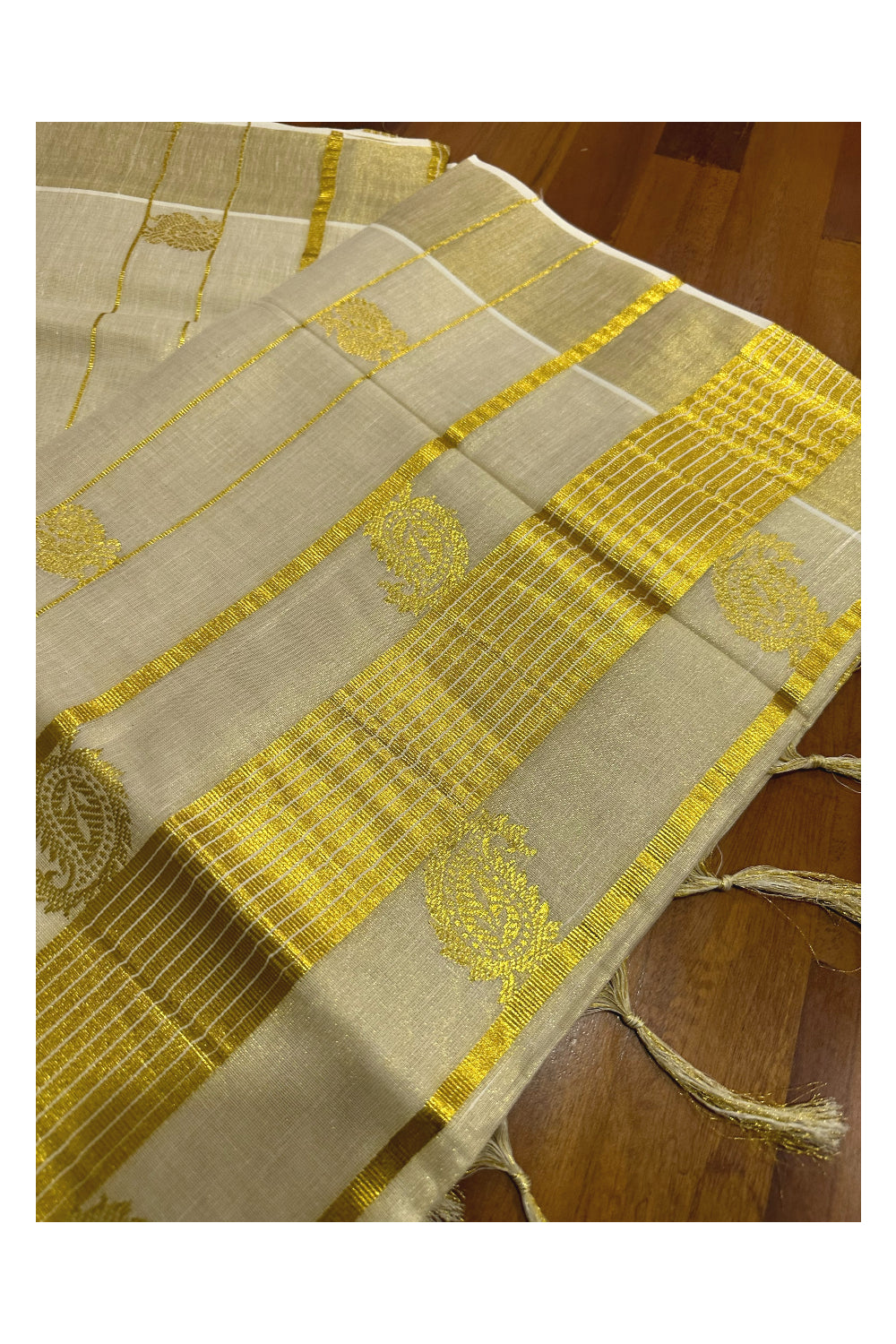 Kerala Tissue Kasavu Peacock Heavy Woven Saree with Tassels Works (Onam Saree 2023)