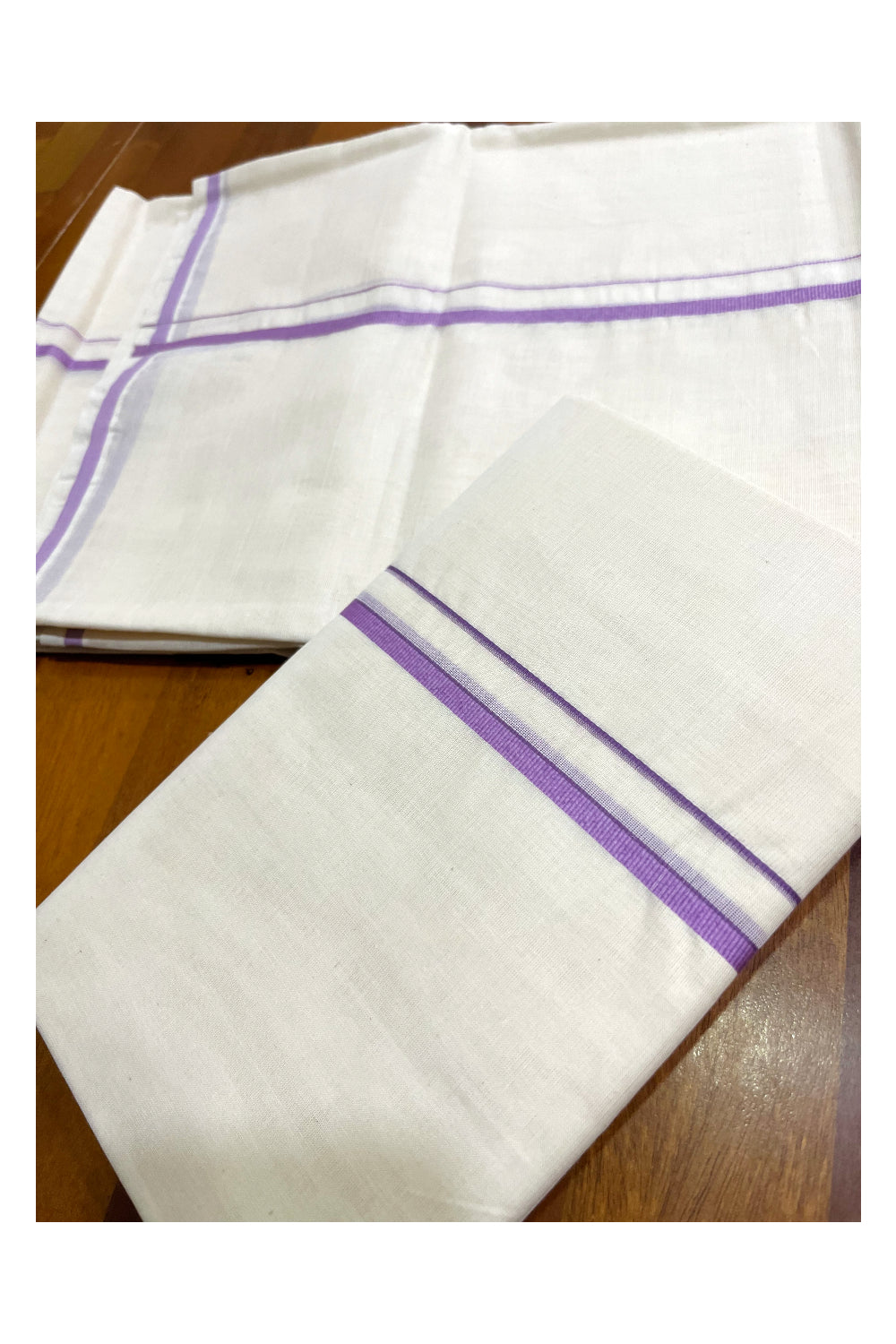 Kerala Cotton Single Puliyilakkara Set Mundu (Mundum Neriyathum) with 0.5 inch Violet Border 2.80Mtrs