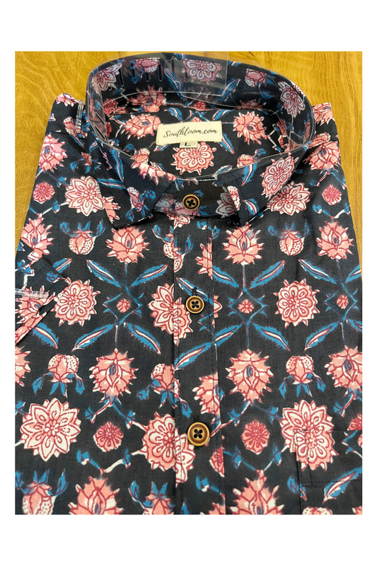 Southloom Jaipur Cotton Black and Pink Hand Block Printed Shirt (Half Sleeves)