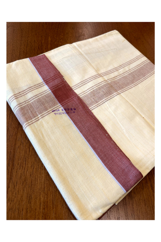 Southloom Premium Handloom Light Yellow Solid Single Mundu (Lungi) with Brown Border (South Indian Kerala Dhoti)