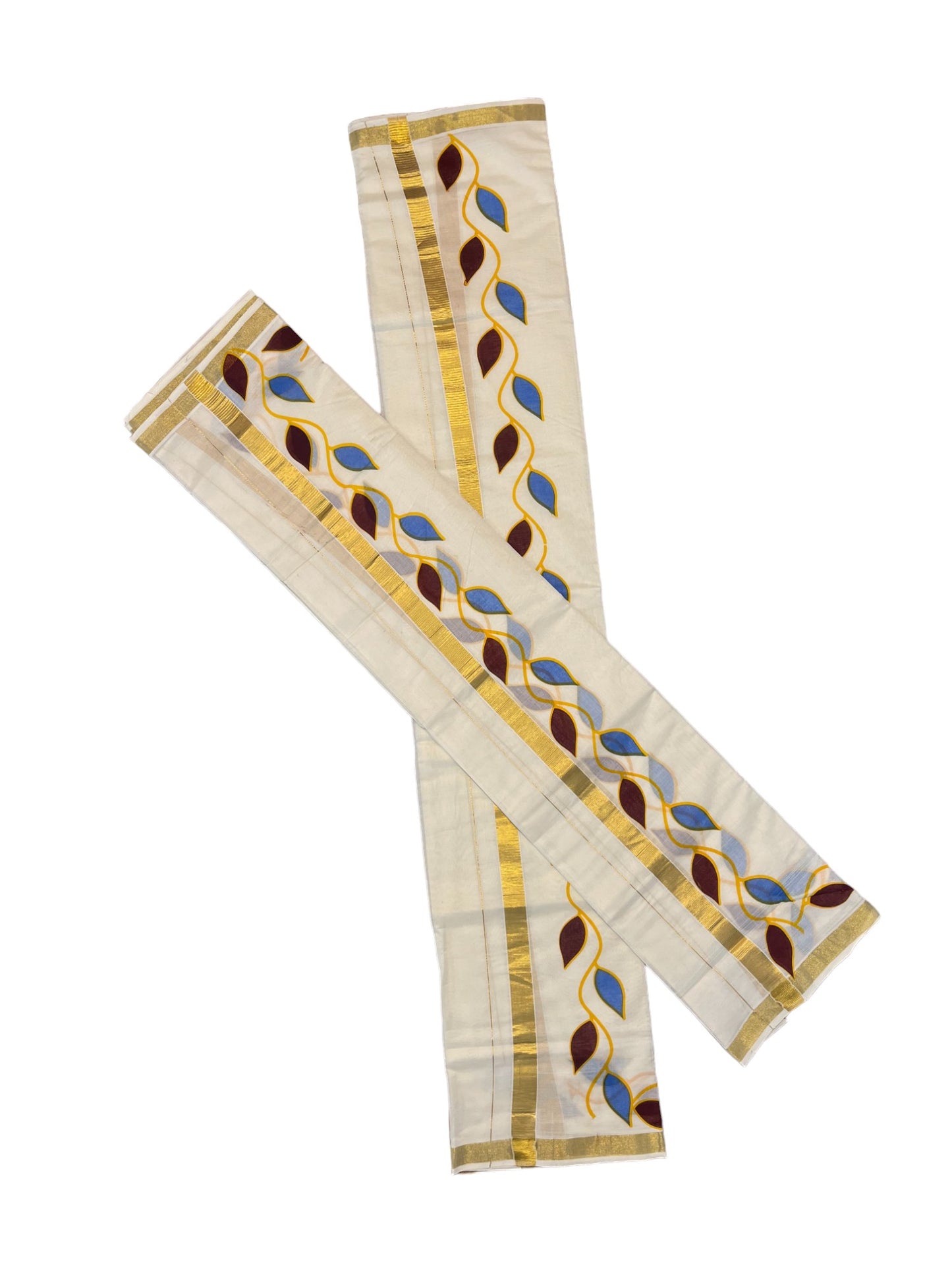 Pure Cotton Set Mundu (Mundum Neriyathum) with Brown and Blue Leaf Prints on Kasavu Border(2.80M)