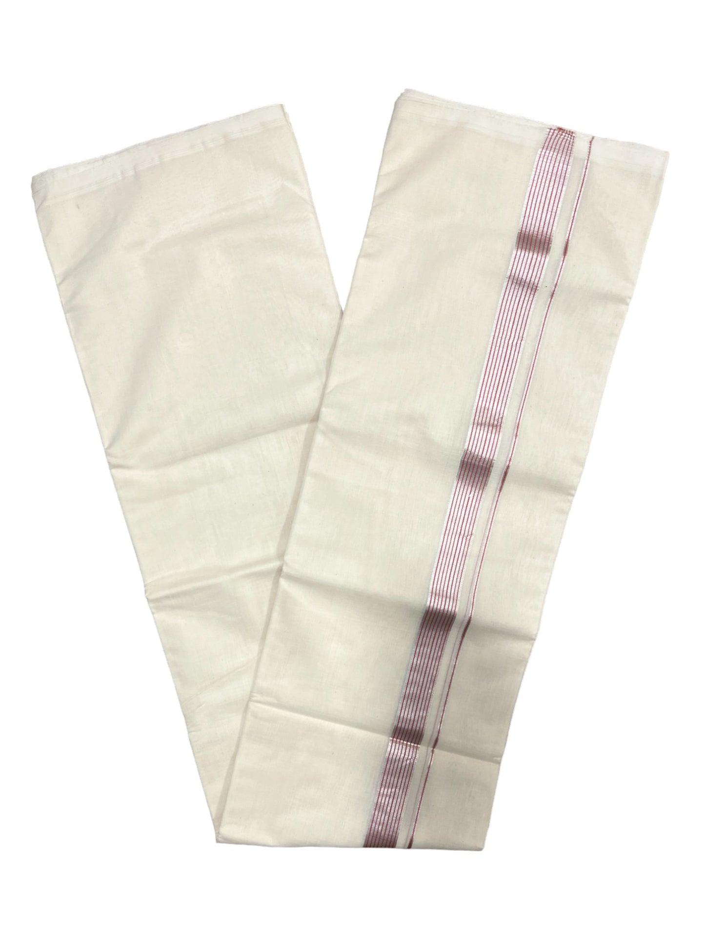 Premium Balaramapuram Handloom Unakkupaavu 1 inch Double Mundu with Silver Kasavu Lines and Pink Kara