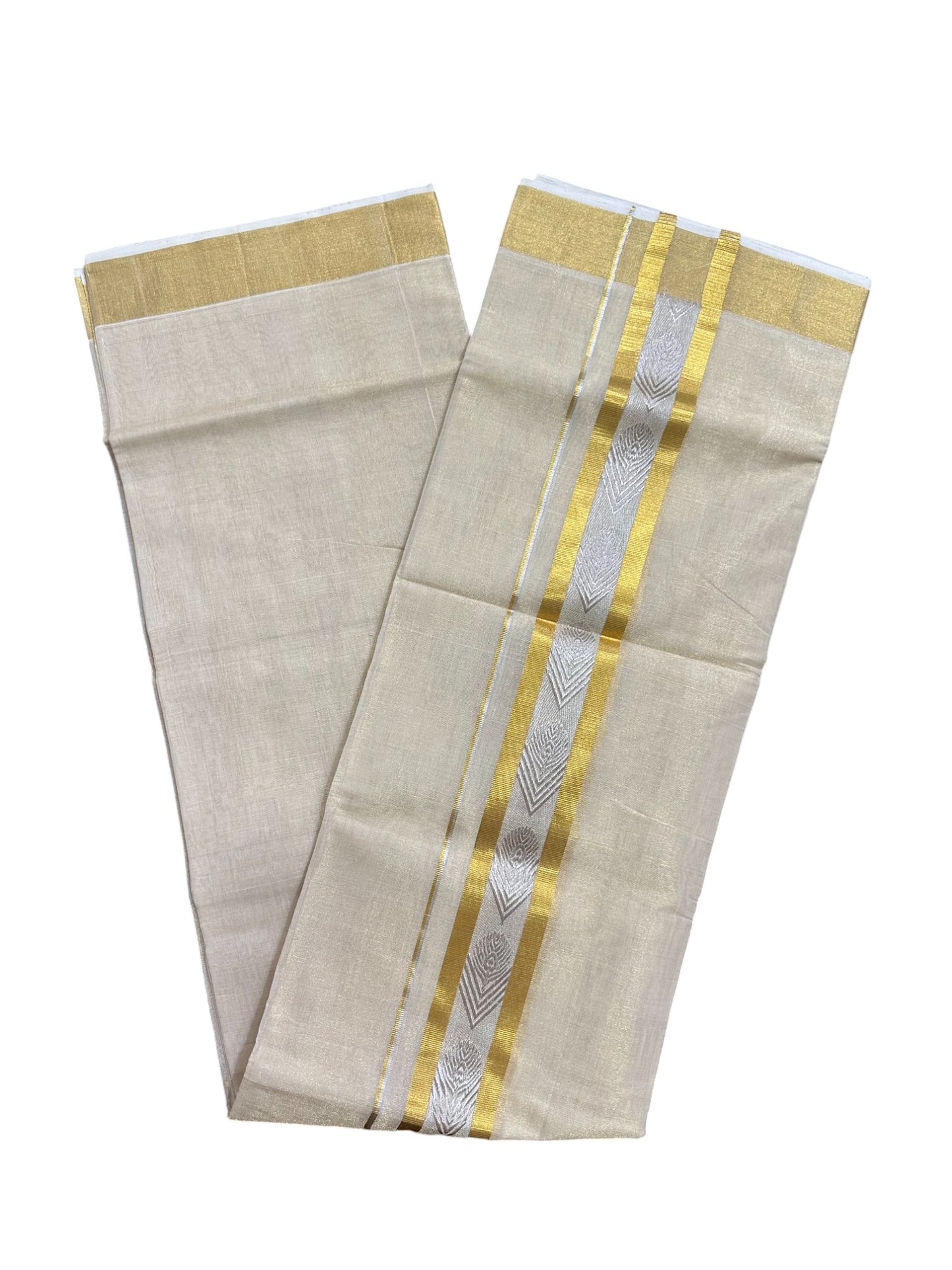 Southloom Premium Handloom Tissue Mundu with 2 inch Kasavu Border with Silver Woven Work