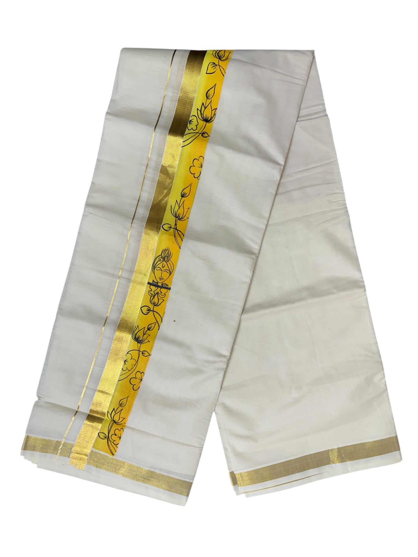 Kerala Pure Cotton Double Mundu with Hand Painted Designs on Kasavu Border(South Indian Kerala Dhoti)