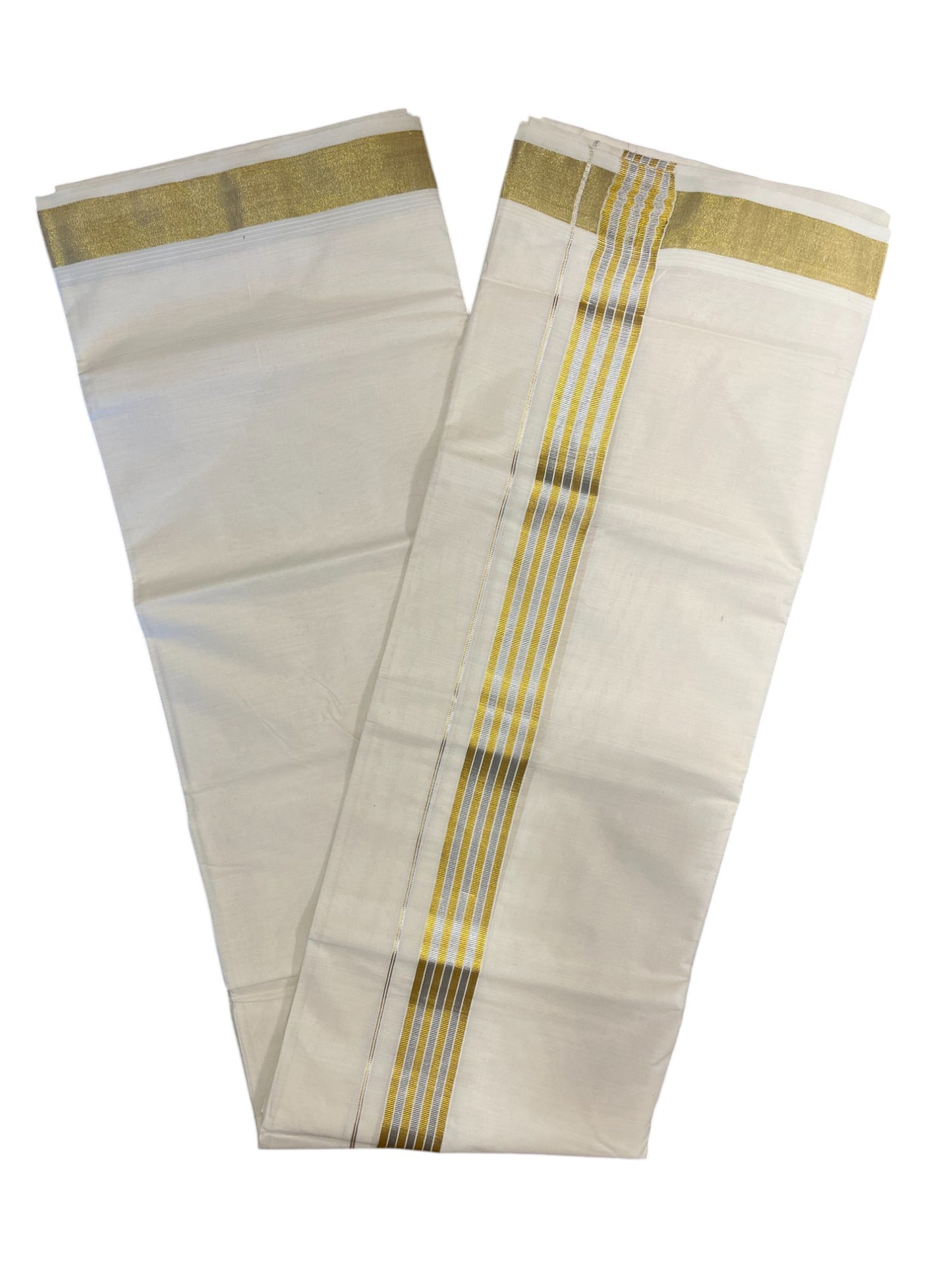 Pure Cotton Off White Double Mundu with Silver and Gold Kasavu Lines Kara (South Indian Kerala Dhoti)