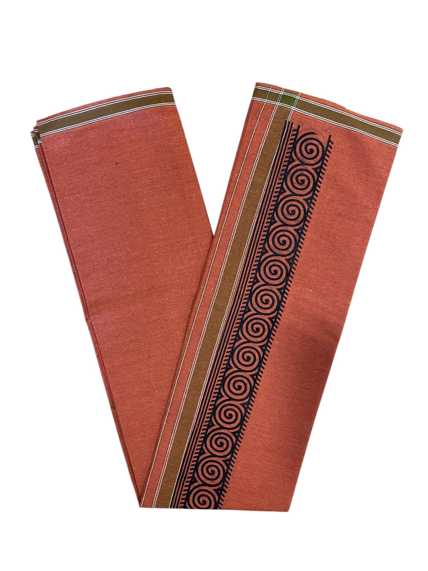 Southloom Saffron (Kaavi) Black Printed Single Mundu / Lungi (South Indian Kerala Dhoti)